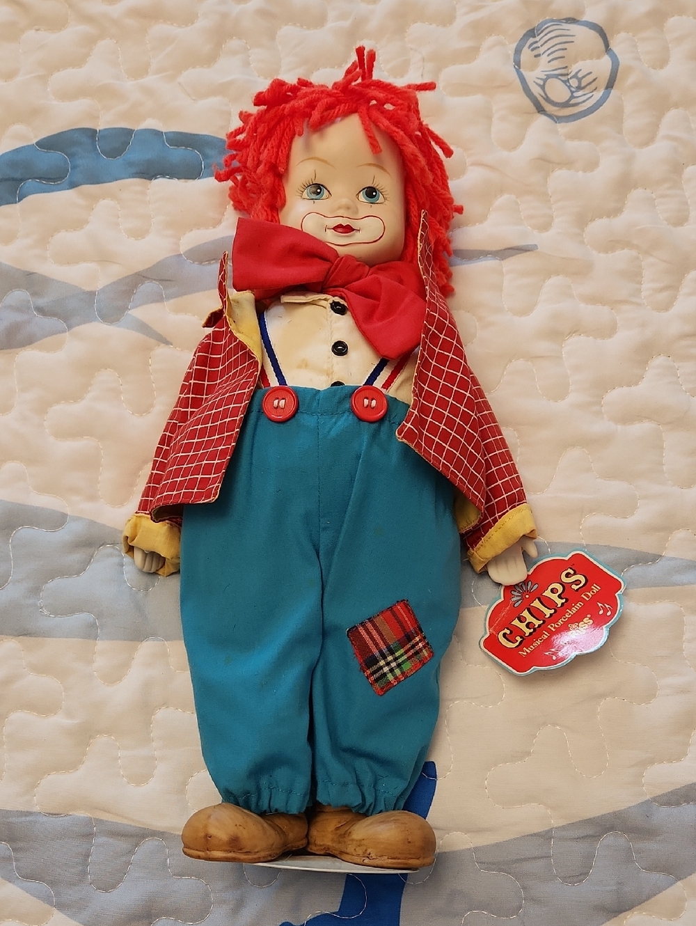 Music Box / Russ Red-Haired Clown Doll with Blue Overalls and Red Jacket